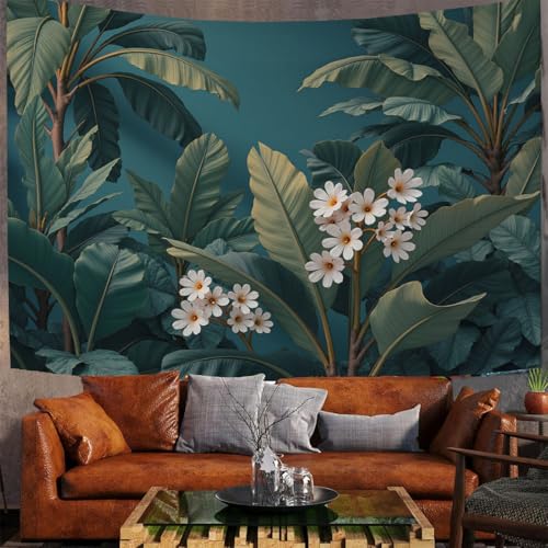 Tapices decorativos de plantas tropicales y flores en verde esmeralda para mural textil de salón