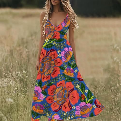Boho Maxi Dresses for Women 2025,Plus Size Sleeveless V Neck Flowy Floral Long Dress,Fall Casual Beach Sundresses2