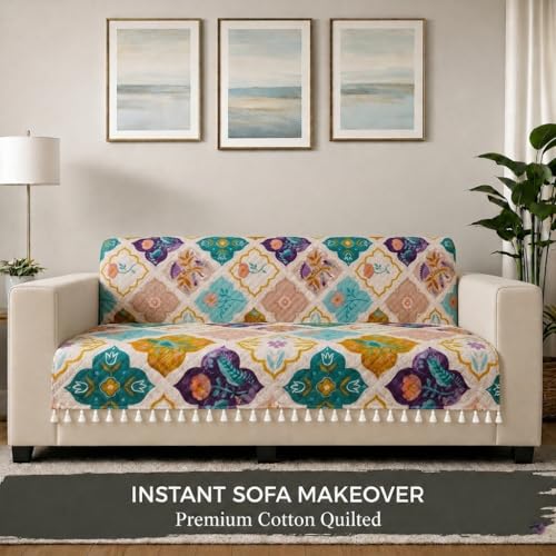 Image of STITCHNEST 'Frostvine Collection' 3 Seater Sofa Cover - Full Coverage| Cotton Quilted Fabric, Decorative Tassels, Washable & Durable for Modern Living