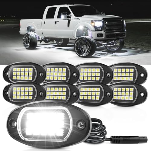 MNJ MOTOR Pure White LED Rock Lights 8 Pods Waterproof