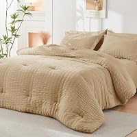 HYMOKEGE Khaki Queen Comforter Set Seersucker 7 Pieces, All Season Luxury Bed in a Bag Queen for Bedroom, Bedding Set with Comforter, Sheets, Pillowcases & Shams — image 8