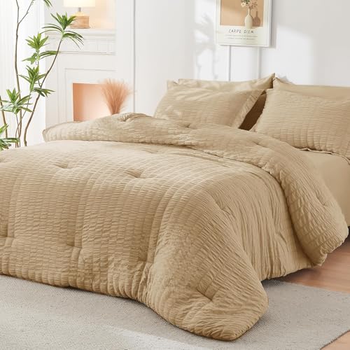 HYMOKEGE Khaki Full Size Comforter Sets Seersucker 7 Pieces, All Season Luxury Bed in a Bag for Bedroom, Bedding Set with Comforter, Sheets, Pillowcases & Shams by HYMOKEGE - Image 8
