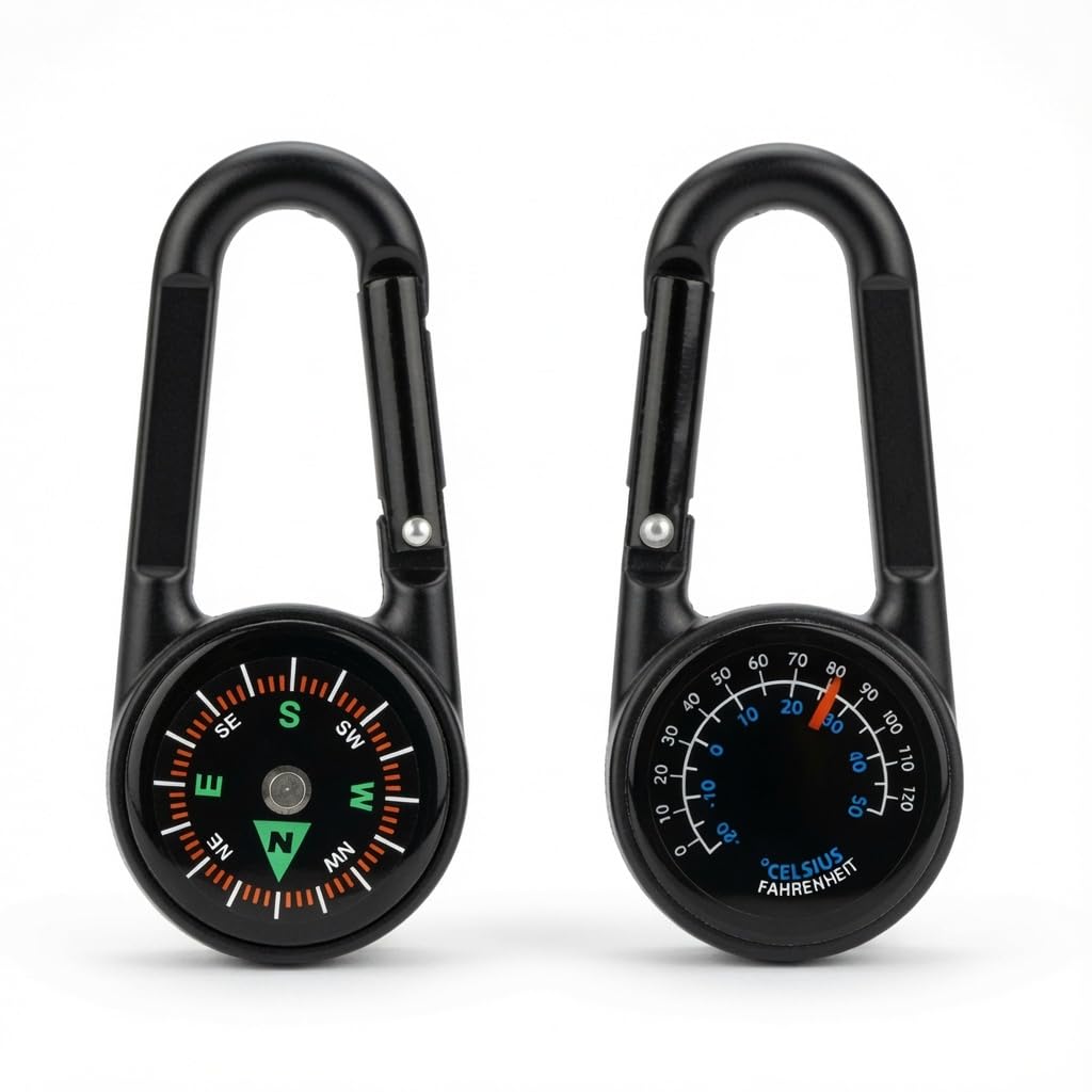 Tragbares Outdoor-Thermometer mit Kompass, Dual-Skala, °F/°C, Aluminium, Wandern, Camping, Thermometer, Karabiner, keine Batterie, leicht