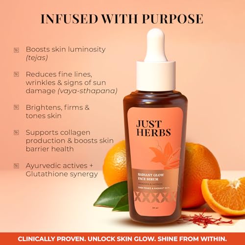 Image of Just Herbs Radiant Glow Face Serum | Vitamin C Face Serum for Women | 15% Vitamin C, Niacinamide & Glutathione Complex | Radiant Skin in 28 Days | Fights Signs of Ageing | Clinically Proven - 30ml