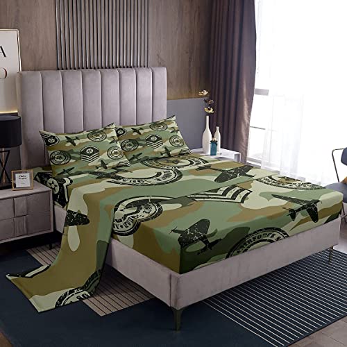 Kids Camo Airplane Bedding Fitted Sheet Camouflage Airplane Decor Bed Sheets For Teens Boys Military Aircraft Bed Sheet Set Novelty Modern Army Green Bedroom Collection 4Pcs Full Size #TOP19