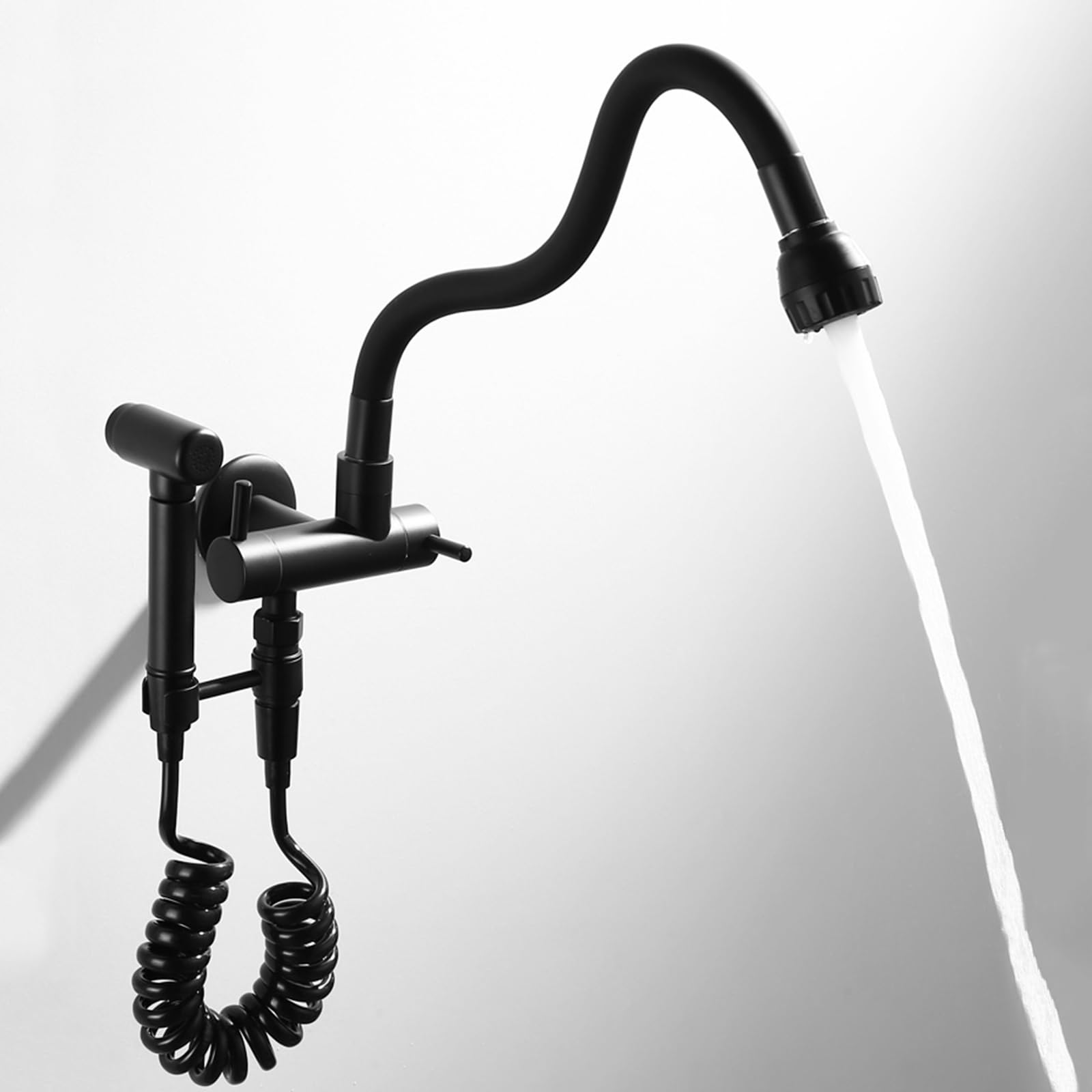 Rubinetto da Cucina a Parete Rubinetto da Cucina Nero Acqua Fredda con Pistola a spruzzo Rubinetti per lavello da Cucina girevoli in Ottone a Parete-Nero