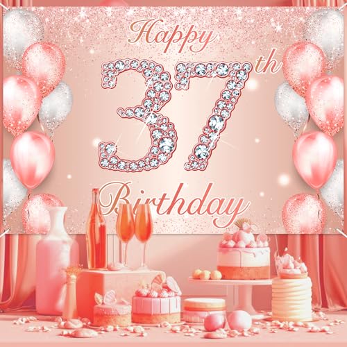 Image of Happy 37th Birthday Rose Gold Banner Cheers to 37 Years Old Backdrop Confetti Balloons Theme Decor for Women 37 Years Old Pink Birthday Party Decorations Bday Supplies Background Favors Gift Glitter