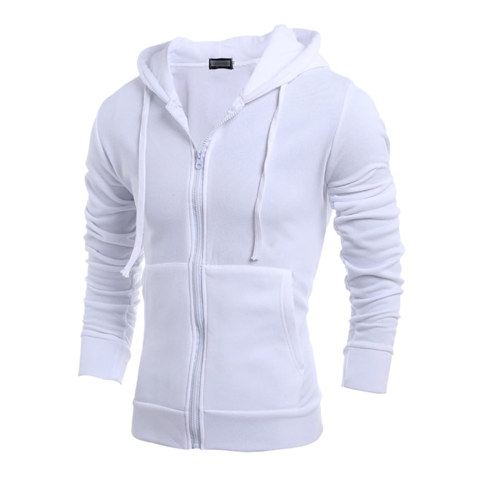 Maiyifu-GJ Men's Long Sleeve Full Zip Hoodie Casual Lightweight Cotton Hooded Sweatshirt Loose Fit Hoodies With Kanga Pocket (White,Large)