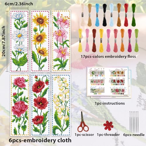 Image of ACRNIGHEET 6PCS Cross Stitch Bookmark Kit for Beginner Flower Pattern Stamped Cross Stitch Kits for Adults Crossstitch Kits Adult Bookmarks with Instructions Hand Embroidery Craft Gift 8''x2.4'' 11CT