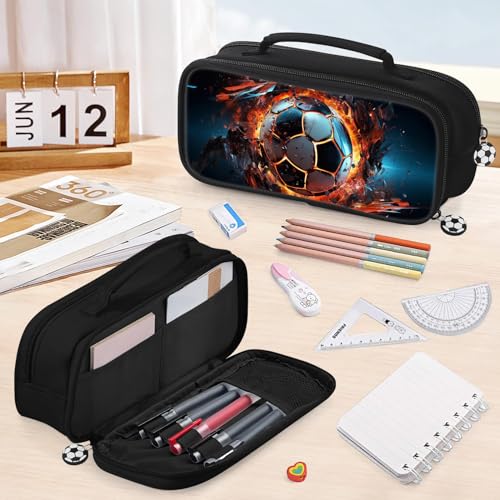 Image of Soccer Pencil Case for Boys - Large Pencil Pouch for Boys with Zipper Compartments & Handle - Big Capacity Pen Organizer Box Bag for Kids Teens School Supplies