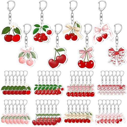 Equsion 48 Pcs Cherry Keychain Bulk Red Cherry Keyrings Bag Charm for Handbags Purse Backpack Gift for Woman Car Accessories Keychains Summer Party Wedding Guest Birthday Party Supplies