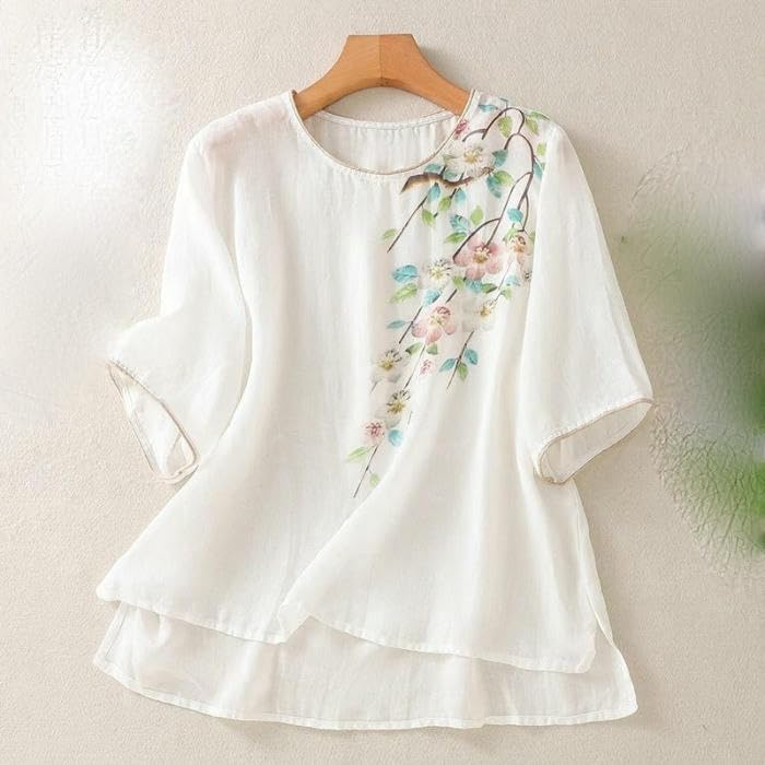 Women's Retro Cotton Linen Blouse Short Sleeve Loose Fit Summer Top