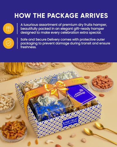 Image of Hyperfoods Rakhi for Brother with Dry Fruits Rawfruit's Handcrafted Potli Blue And Red with Thali Roli & Chawal Rakhi Gift Hamper for Brother Pack of 4 Cashew Almond Pistachios Raisins 495gm With Set of 3 Meena Rakhi