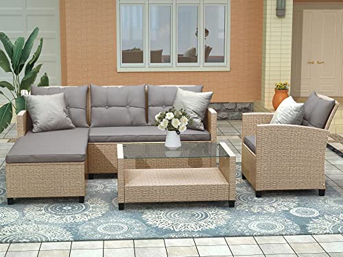 BIADNBZ Outdoor Patio Furniture Sets, 4 Piece Rattan Conversation Sofa Wicker Sectional Couch with Chaise Lounge, Single Sofachair, Seat Cushions and Glass Table, for Garden Backyard Deck, Gray BIADNBZ Outdoor Patio Furniture Sets, 4 Piece Rattan Conversation Sofa Wicker Sectional Couch with Chaise Lounge, Single Sofachair, Seat Cushions and Glass Table, for Garden Backyard Deck, Gray