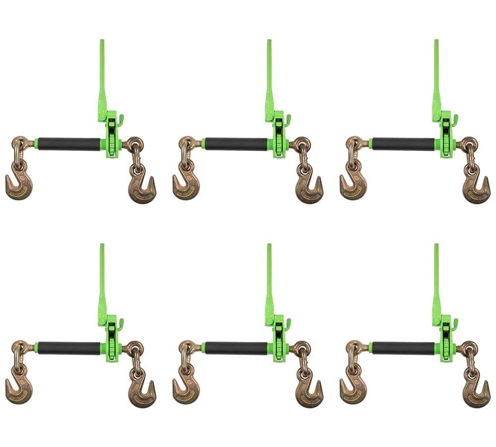 Mytee Products (6 Pack) 3/8"-1/2" Hi-Viz Green Heavy Duty Folding Handle Ratchet Load Binder w/Grab Hook 12,000 lbs WLL | Tie Down Hauling Chain Binders for Flatbed Truck Trailer