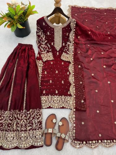 Image of Women's Casual Salwar Suit Pure Heavy Fendy Silk With Embroidery Sequence Work Full Sleeves Salwar Suit With Dupatta.Women's Ethnic Wear
