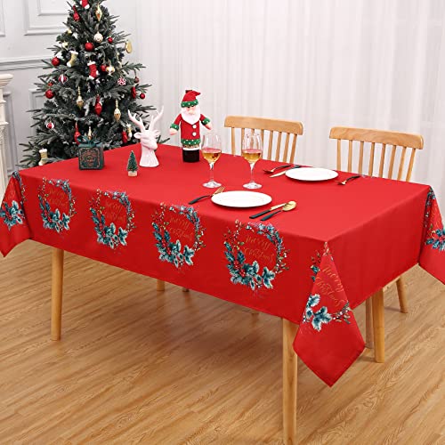 Weihnachten Tischdecke Weihnachtstafeldecke Abwaschbar Tischdekoration für Xmas Wasserabweisend Tischtuch mit Türkranz Knitterfrei Tischdecke für Esszimmer Schmutzabweisend Tischtuch,Rot,137x200cm Cover
