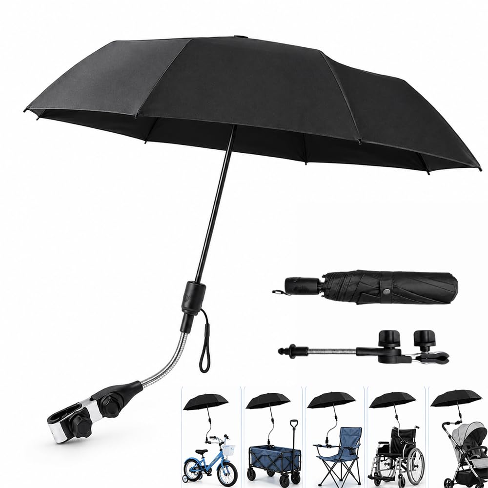 Ombrelle Poussette Universelle, Parasol Poussette Protection UV 50+, Diamètre 95cm, pour Tubes Ronds et Ovales, Noir