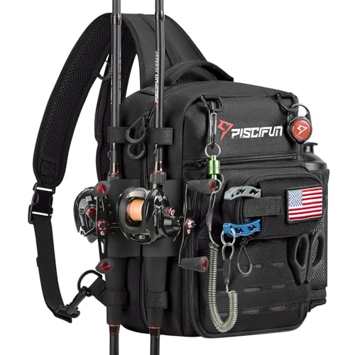 Image of Piscifun Fishing Tackle Backpack, 3-Way Carry with Rod Holders | 16 smart pockets, 2 rod holders, Rain cover, Breathable back support, Convertible sling /waist /backpack carry