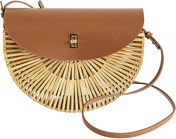 Image of Handwoven Bamboo Bag Summer Straw Purse Crossbody Bags for Women Natural Handmade Beach Bamboo Purse with Leather Strap
