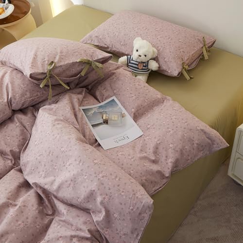 Image of Purple Floral Comforter Set Queen, 3 Pieces Cottagecore Aesthetic Cute Flowers Comforter Set for All Seasons, Coquette Floral Mauve Bedding Vintage Botanical Comforter with 2 Bow Ties Pillowcases