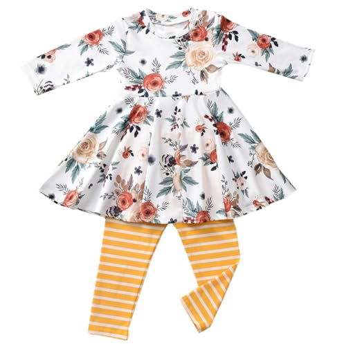 Image of Toddler Baby Girls-Fall-Clothes-Set Little Girls Floral Plaid Highlow Tunic Tops+Leggings Outfits Boutique Clothing