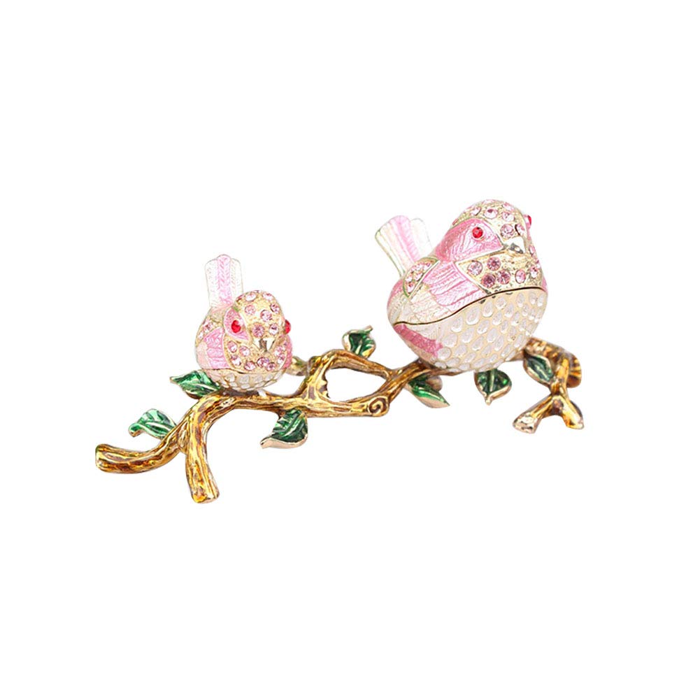Xiton 1Pc Enamel Trinket Box Birds Branch Design Pink Rhinestone Jewelry Organizer Home Decor Enamel Jewelry Box