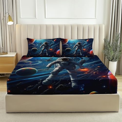 Sábana Bajera Ajustable 90 × 190 cm - Elementos espaciales Astronauta Galaxia Diseño - Azul Oscuro Microfibra Cepillada para Colchón 30cm Tejido Suave Transpirable Hipoalergénico Lavable a Máquina