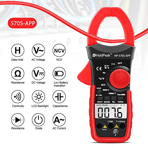 Image of HOLDPEAK Digital Clamp Multimeter Connect with APP via Bluetooth HP-570S-APP Voltage Multimeter with Amp Ohm Tester, 6000 Count with NCV, Auto Range, AC /DC Voltage AC /DC Current,Resistance