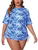 Halcurt Women's Plus Size Short Sleeve Rash Guard Ruched Side Drawstring Adjustable Swim Shirt UPF50 Quick Dry Swimsuit Top Blue Tie Die 1X