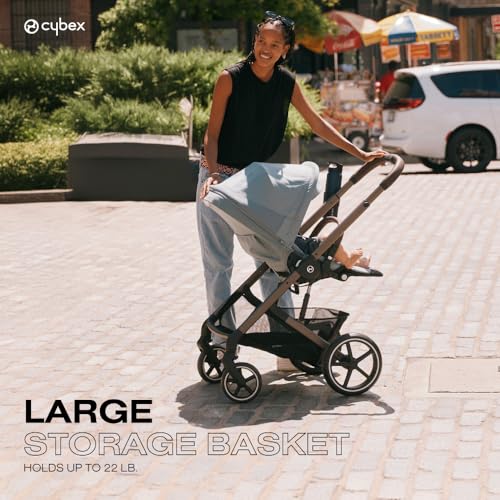 Image of Cybex Balios S Lux Toddler and Baby Stroller with Reversible Seat, Unique One-Pull Harness, and Multiple Recline - Travel System Ready, with One Hand Fold, Silver Frame /Ocean Blue Seat