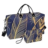 トラベルダッフルレディース&トイレタリーポーチ2個セット、シックなウィークエンダーキャリーオンダッフルエレガントゴールデンフェザーネイビーブルーラゲッジセットトート