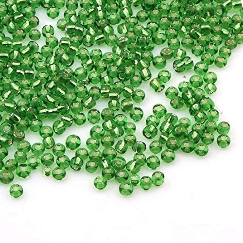 Pack of 1100 Glass Seed Beads 4 mm, 6/0, Pony Beads, Clear Mini Children's Beads, Seed Beads, Choice of Colours (Green Silver Insert)