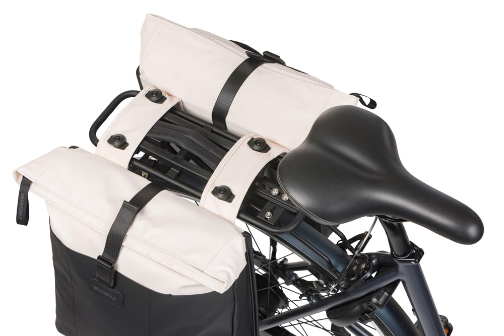 Basil Vive Podwójna torba rowerowa na bagażnik – 28-35 l – z płytą adaptera MIK – wodoszczelna, odblaskowa, wykonana z materiału z recyklingu, 30 x 14 x 38 cm, biała/czarna