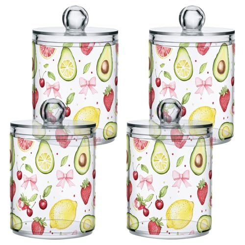 Gredecor 2 Pack Qtip Holder Clear Lemon Pink Bows (4) Apothecary Jars with Lids Acrylic Bathroom Jars Vanity Countertop Canister Storage Organizer for Cotton Ball,Swabs,Pads,Floss