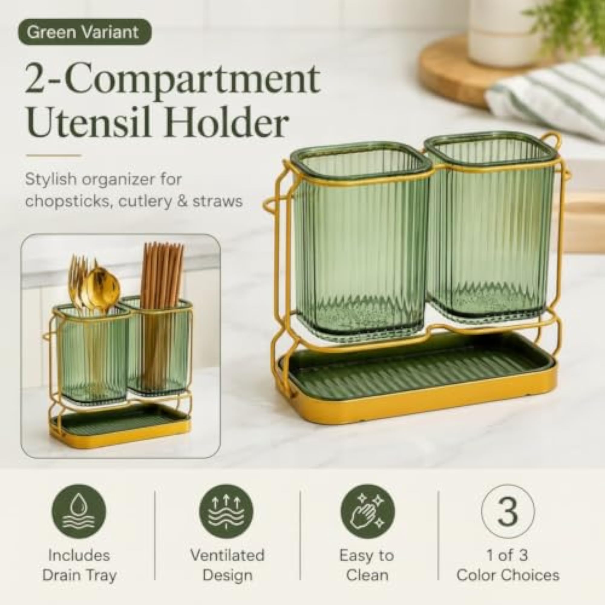 2-Compartment Utensil Holder with Drain Tray, Clear-White