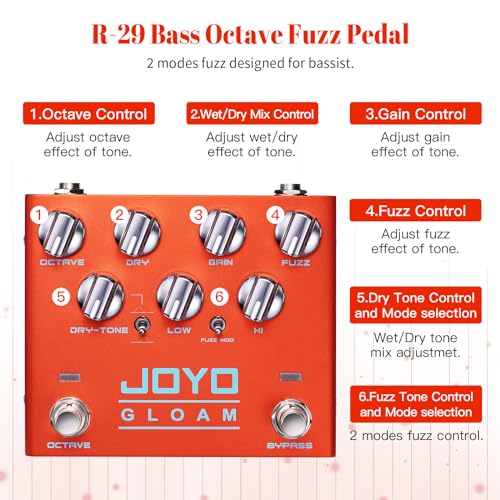 Image of JOYO Bass Sub Octave & Fuzz Guitar Pedal, 7-Knob Control with Dry /Wet Blend, Dual Fuzz Modes & Independent Octave /Channel Footswitches, Bypass (GLOAM R-29)