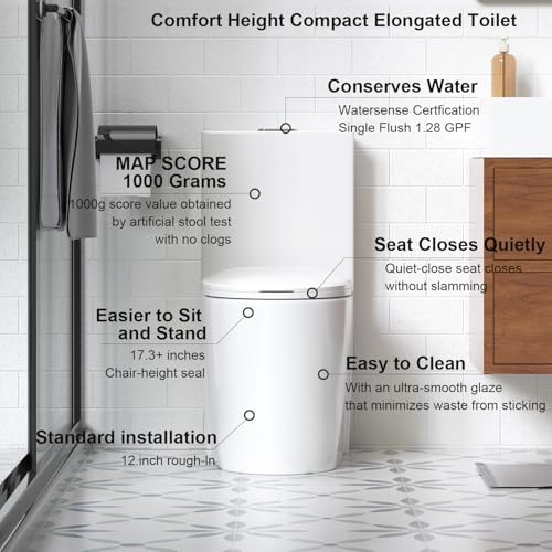 Inodoro de una pieza, inodoro de doble descarga, inodoro alargado, altura ADA 12 pulgadas con sifón en S, cerámica blanca brillante, asiento de cierre suave, descarga sifónica potente de 1000 g, montaje en piso para baños miniatura 5