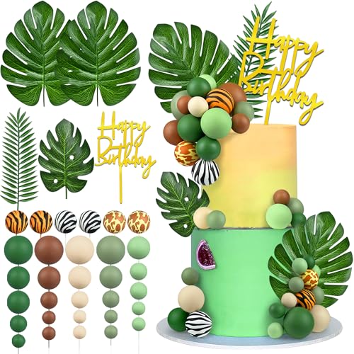 38pcs Jungle Adventure Animal Cake Topper with Palm Leaves and Brown Green Khaki Decorative Balls for Jungle Hunting Wild Themed Birthday Cake Decoration