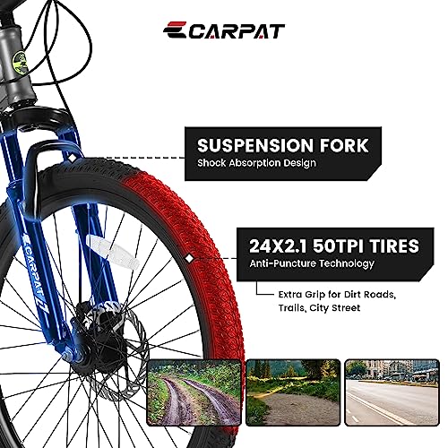 Elecony Ecarpat 24/26 Inch Wheels Mountain Bike, 21-Speed Carbon Steel Frame Men Women Bicycles Mechanical Disc Brakes Front Suspension #TOP3