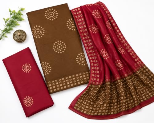 Image of HAIDER ALI AND SONS Women's Cotton Silk Batik Print Unstitched Dress Material with Dupatta | Handloom Salwar Suit Material | Kurta Fabric, Bottom & Dupatta Set | Ethnic Wear for Office