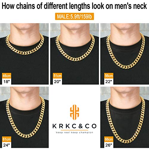 Krkc&Co 8/10/12/14Mm Mens Cuban Link Chain,18K Gold Miami Cuban Chain, 4-Side Cut,Hip Hop Jewelry,Solid No Tarnish Necklace,Durable And Anti-Tarnish Urban Street-Wear, Never Fading, Everlasting Shine #TOP4