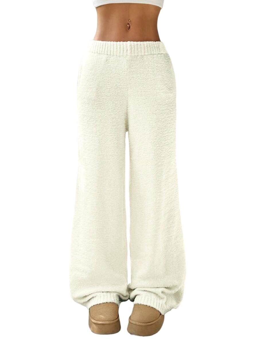 ZAFUL Women's Fuzzy Plush Pajama Pants Wide Leg Pj Bottoms Lounge Pants