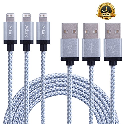 Adoric 3Pack 10FT/3M Extra Long Nylon Braided Lightning to USB Sync Charge Cable Cord Charger with Aluminum Connector Compatible with iPhone 6s/6s Plus/6/6Plus/5s/5c/5, iPad/iPod Models (White)