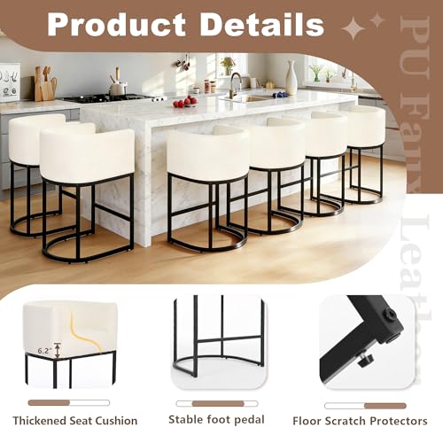 Image of 26 inch Counter Height Bar Stools Set of 4, Faux Leather Upholstered Barrel Chairs with Back and Arms, Metal Frame Kitchen Island Stools with Footrest, Cream White