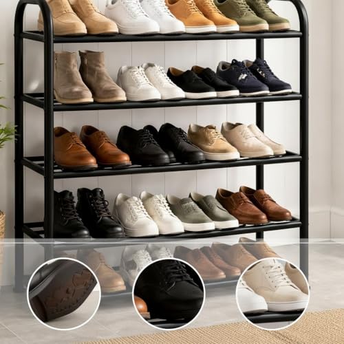 Image of Metal Shoe Rack for Home - Adjustable & Stackable Waterproof Open 5-Tier Shoe Rack for Closet Entryway, Bedroom, Outdoor, DIY Multi-Purpose Carbon Steel Shoe Stand - Black (Black, 5-Shelf)