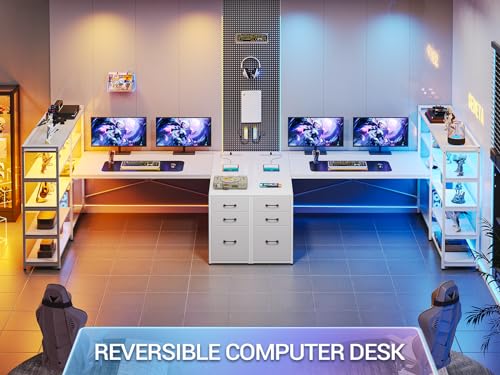 SEDETA 64.5 Reversible White Computer Desk with Drawers, Power Outlet, LED Strip, and Storage Bookshelf