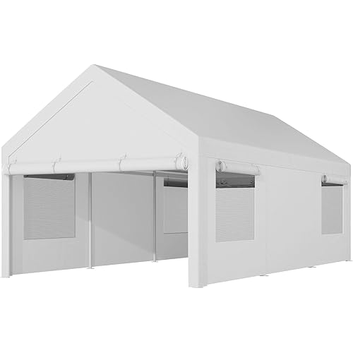 Shintenchi Portable Garage Canopy,10x20 FT Heavy-Duty Design Carport,Carport Canopy with Side-Opening Removable Door & Roll-Up Window,Portable Car Port for Car, Truck, Boat,White