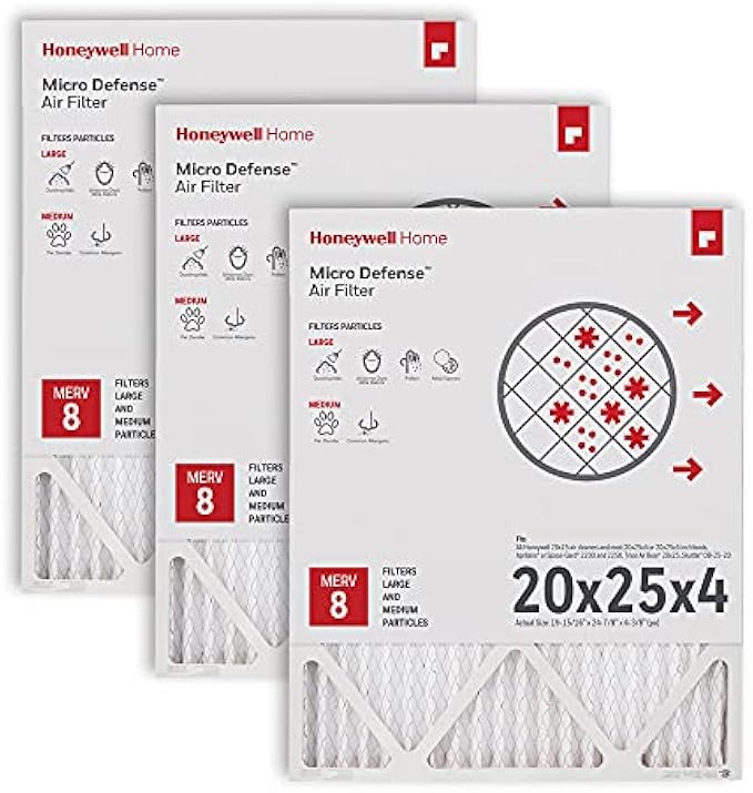 Honeywell Home 20x25x4 MERV 8, AC Furnace Air Filter, 3-Pack (CF100A1025-3PKAM) (Actual Dimensions: 50.60 x 63.20 x 11.13 cm)