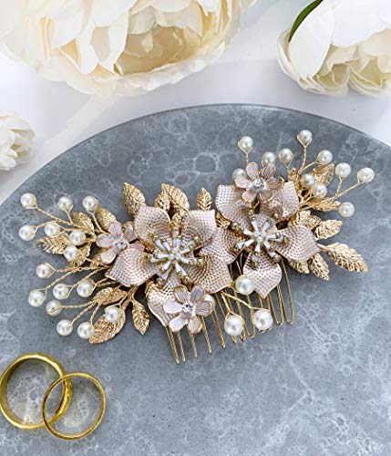 Wedding Hair Accessories Bridal Hair Comb Pearl and Gold Floral Hair Pin Headpiece - For Brides and Bridesmaids